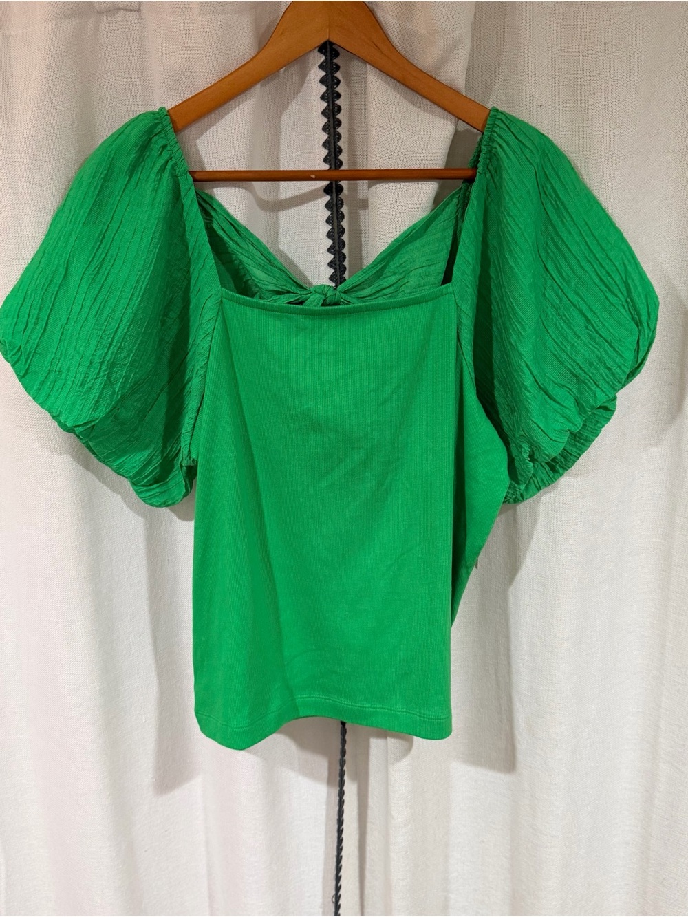 LOFT Green Puff Short Sleeve Tie Back Square Neck Top Blouse NWT Size XL
